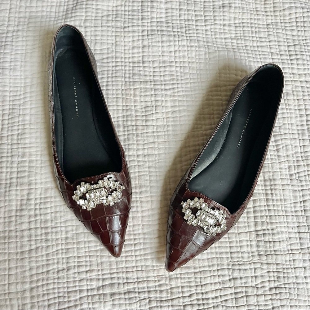 Giuseppe Zanotti Rhinestone Croc Leather Pointed Toe Ballet Flats 38.5